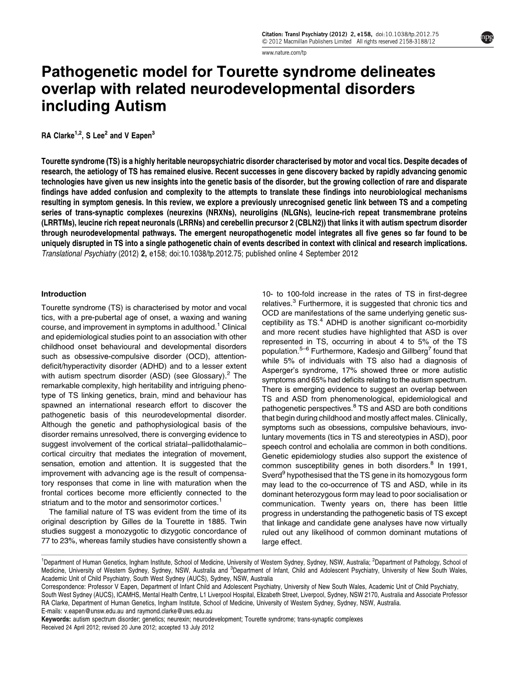 Pathogenetic Model for Tourette Syndrome Delineates Overlap with Related Neurodevelopmental Disorders Including Autism