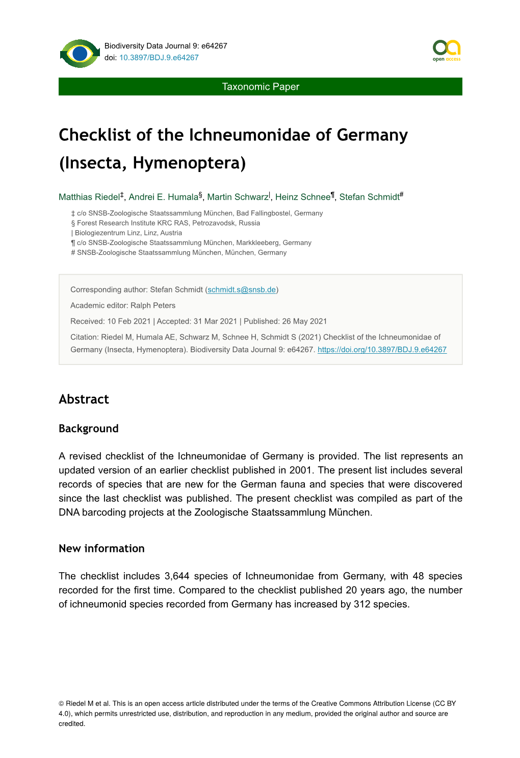 Checklist of the Ichneumonidae of Germany (Insecta, Hymenoptera)