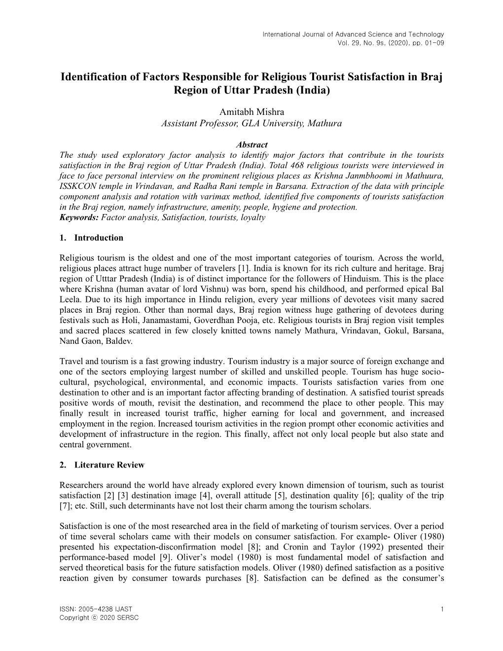 Identification of Factors Responsible for Religious Tourist Satisfaction in Braj Region of Uttar Pradesh (India)