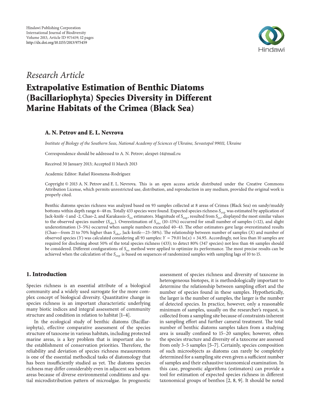 Extrapolative Estimation of Benthic Diatoms (Bacillariophyta) Species Diversity in Different Marine Habitats of the Crimea (Black Sea)