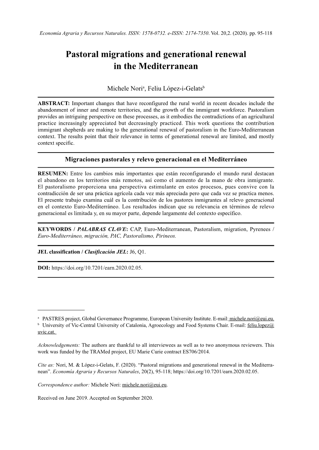 Pastoral Migrations and Generational Renewal in the Mediterranean 95 Economía Agraria Y Recursos Naturales