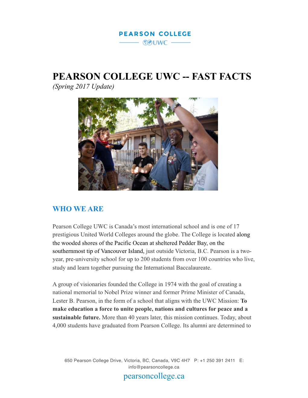 Pearson College Fast Facts (Spring 2017)