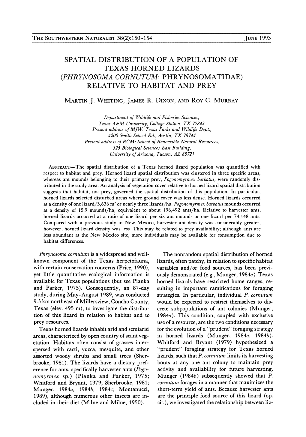 Spatial Distribution of a Population of Texas Horned Lizards (Phrynosoma Cornutum: Phrynosomatidae) Relative to Habitat and Prey