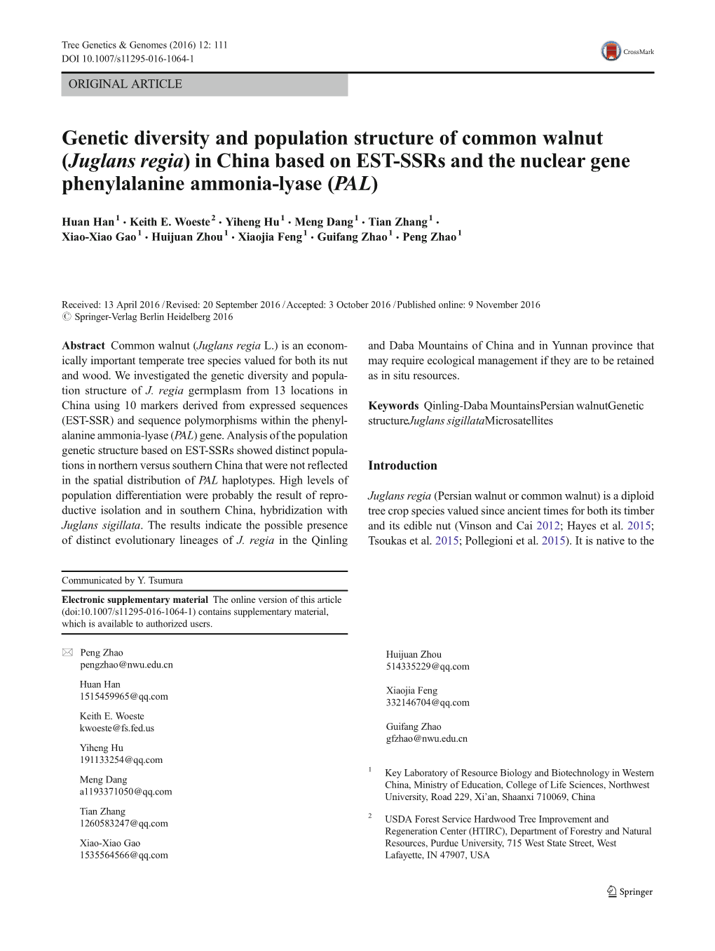 Genetic Diversity and Population Structure of Common Walnut (Juglans Regia) in China Based on EST-Ssrs and the Nuclear Gene Phenylalanine Ammonia-Lyase (PAL)