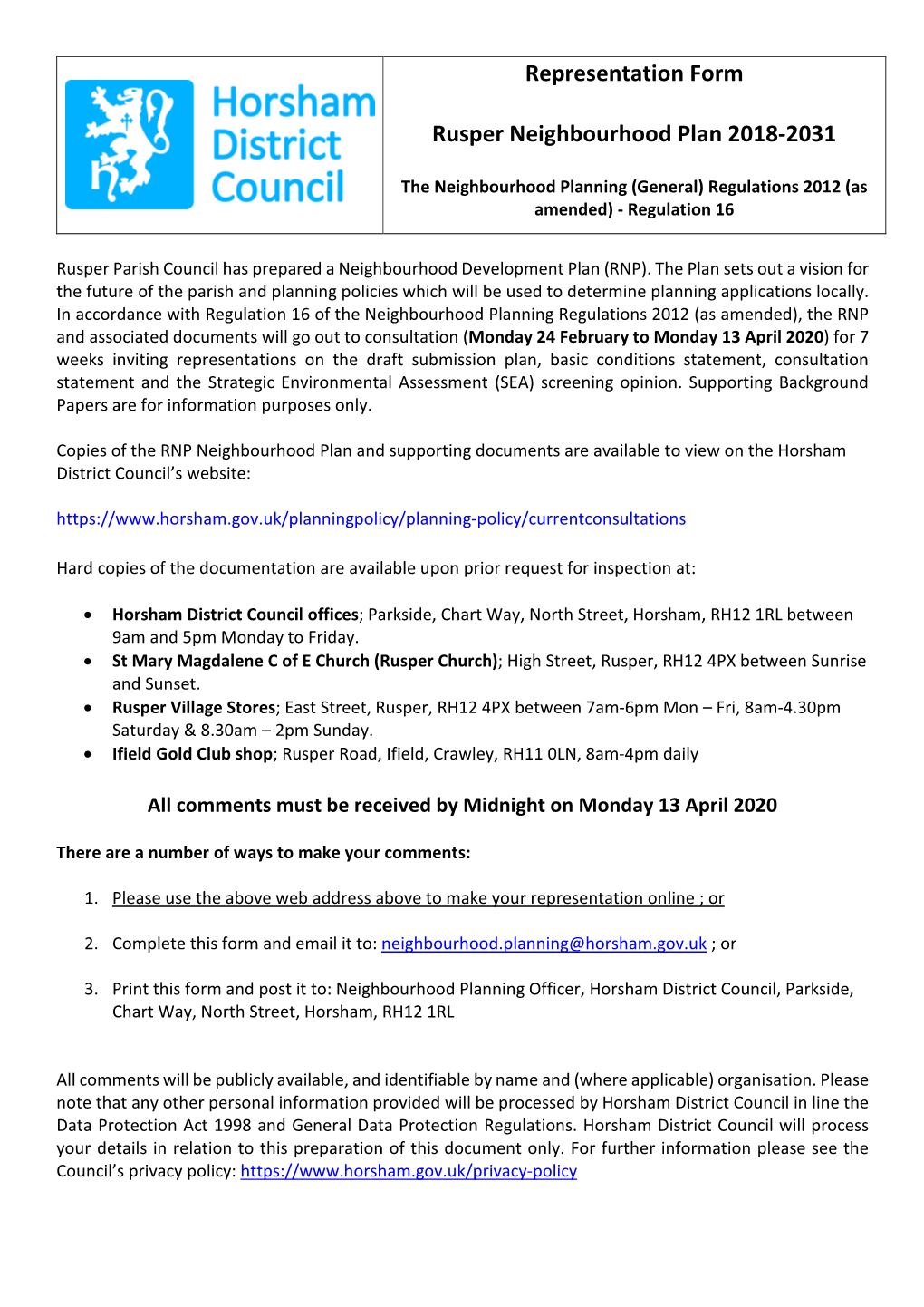 Representation Form Rusper Neighbourhood Plan 2018-2031