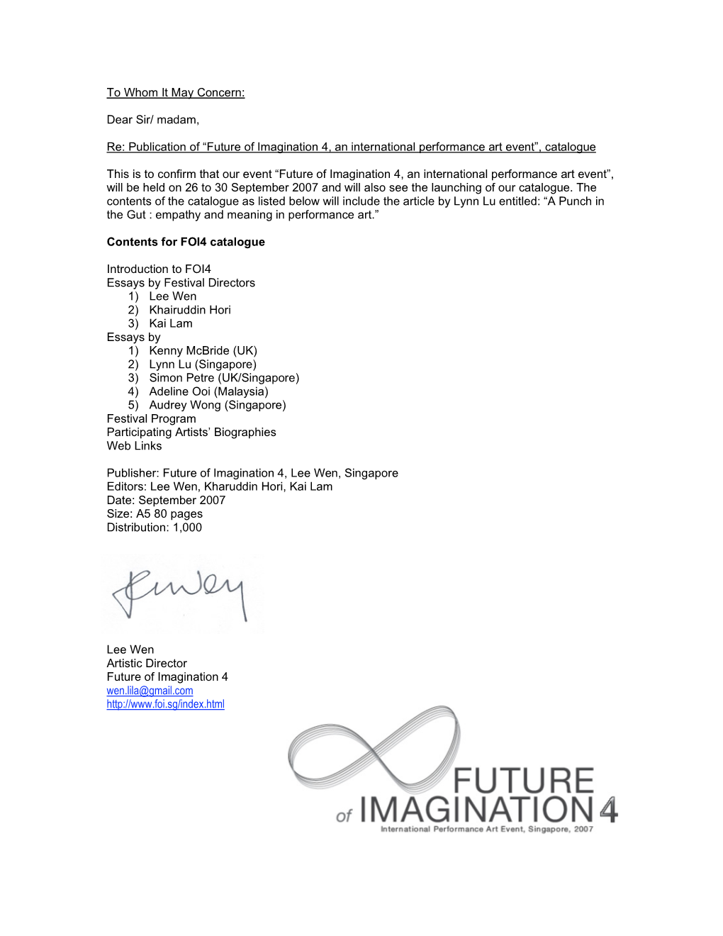 Future of Imagination 4, an International Performance Art Event”, Catalogue