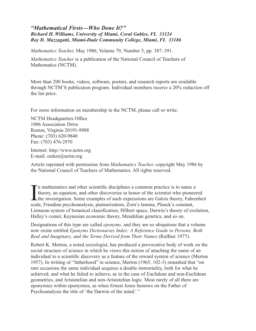 “Mathematical Firsts—Who Done It?” Richard H