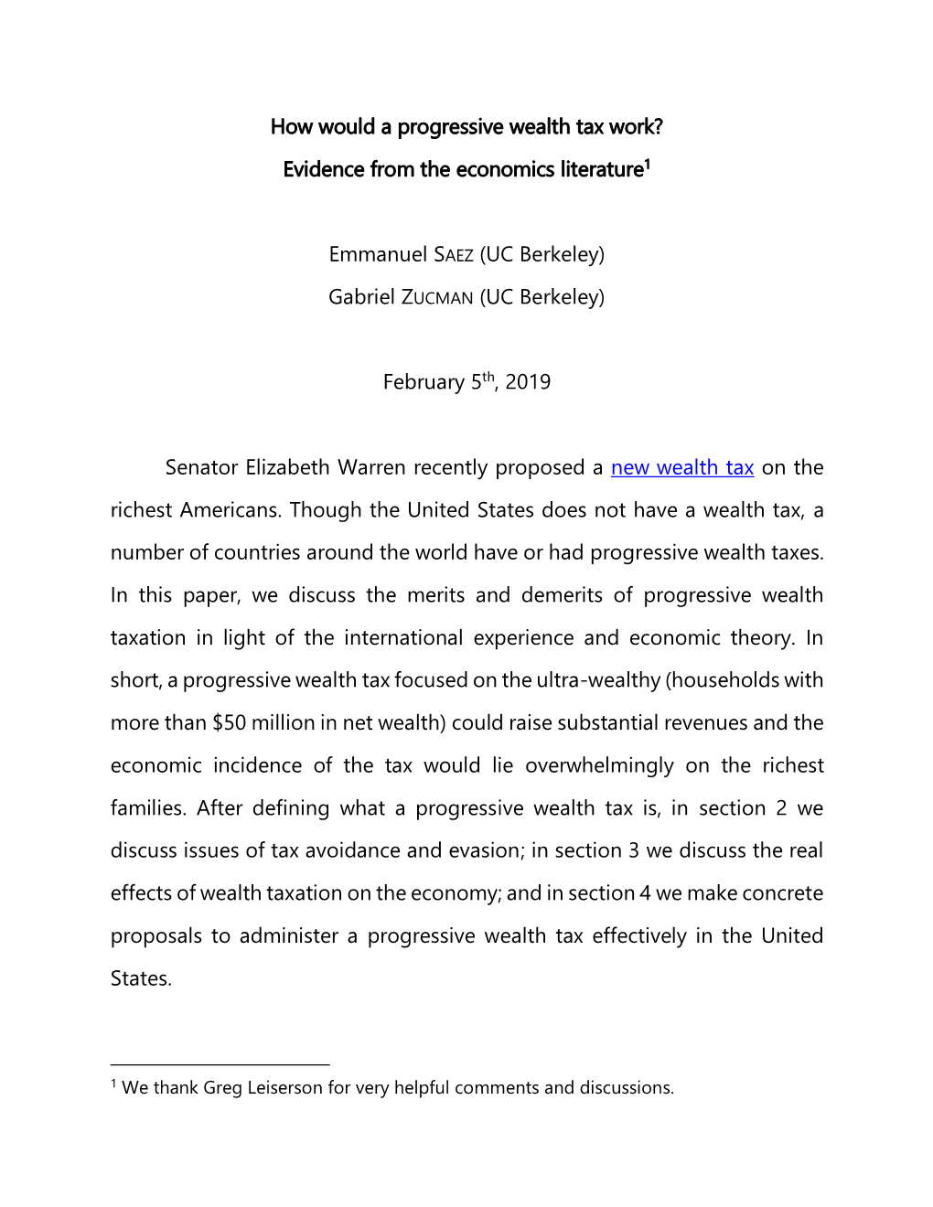 How Would a Progressive Wealth Tax Work? Evidence from the Economics Literature1 Emmanuel SAEZ (UC Berkeley) Gabriel ZUCMAN