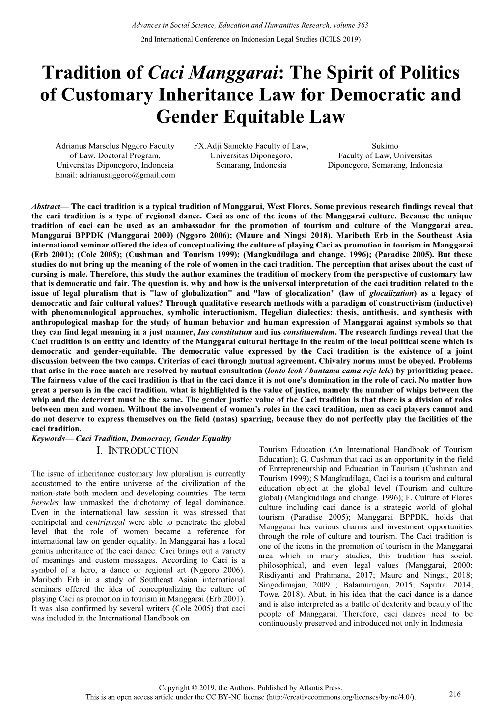 Tradition of Caci Manggarai: the Spirit of Politics of Customary Inheritance Law for Democratic and Gender Equitable Law