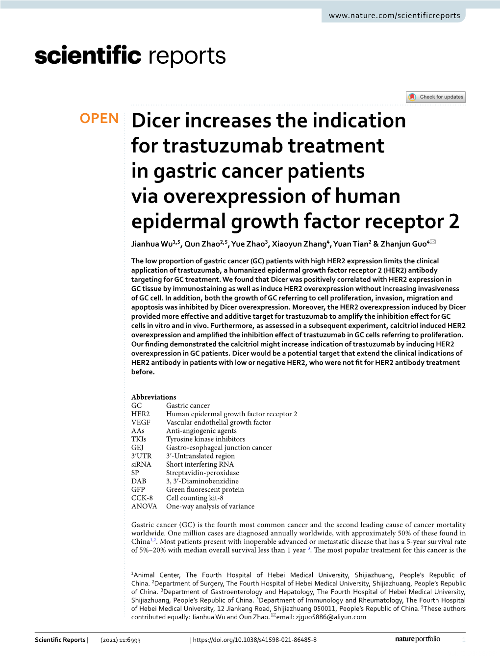 Dicer Increases the Indication for Trastuzumab Treatment in Gastric