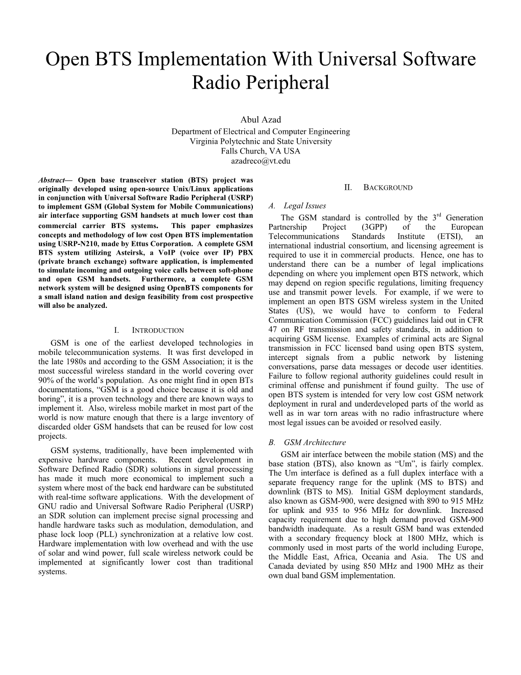 Open BTS Implementation with Universal Software Radio Peripheral