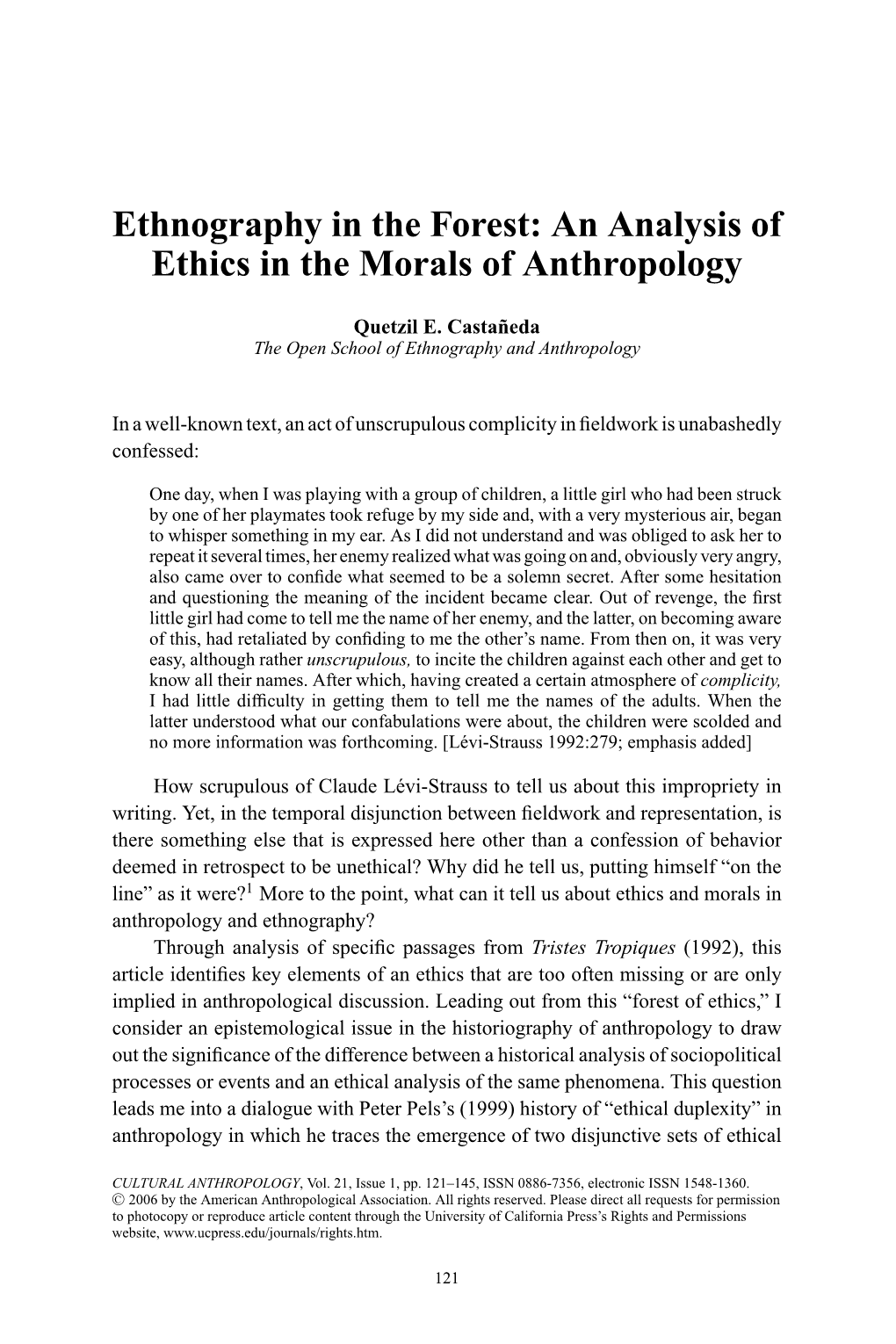 Ethnography in the Forest: an Analysis of Ethics in the Morals of Anthropology