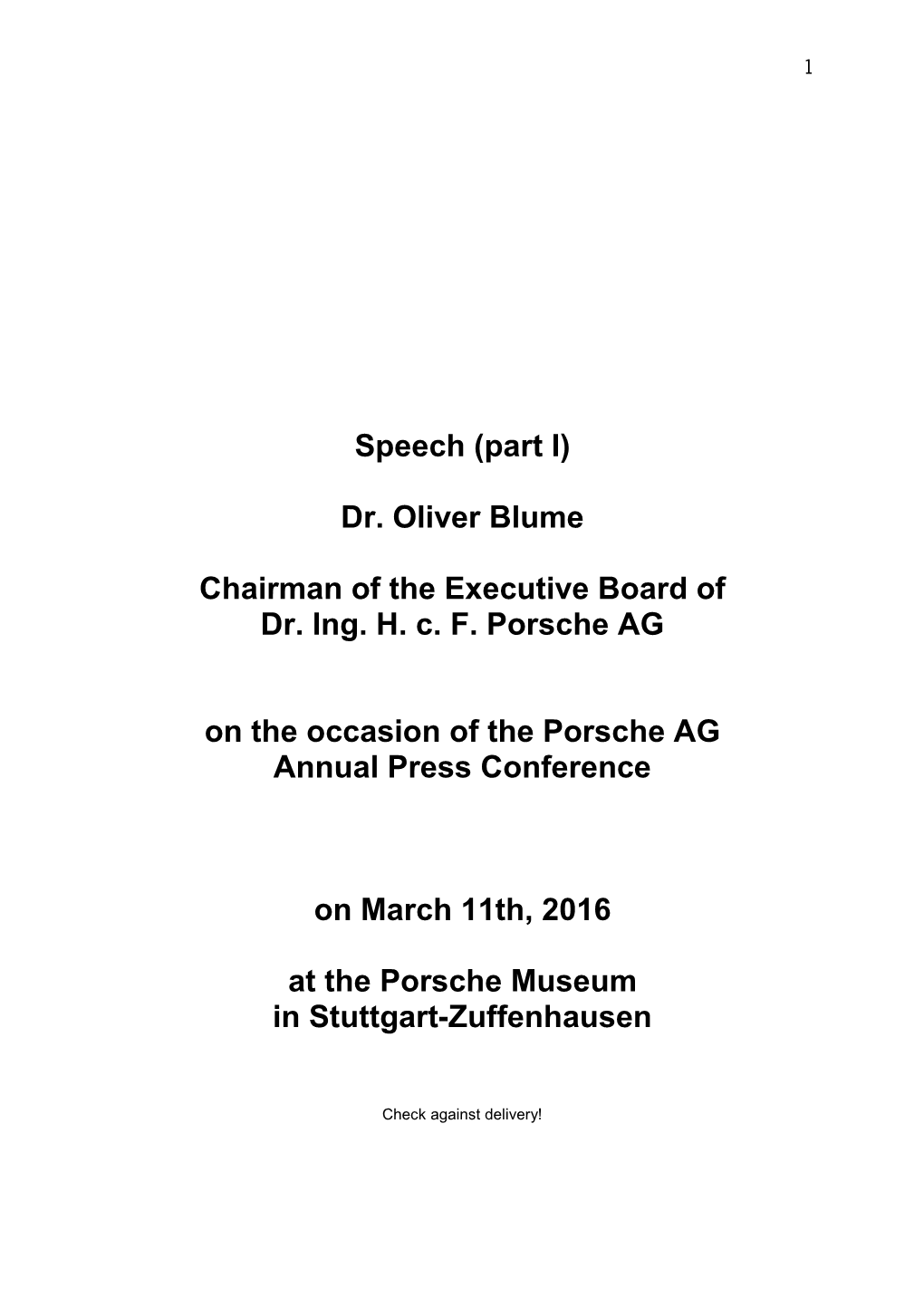 Speech (Part I) Dr. Oliver Blume Chairman