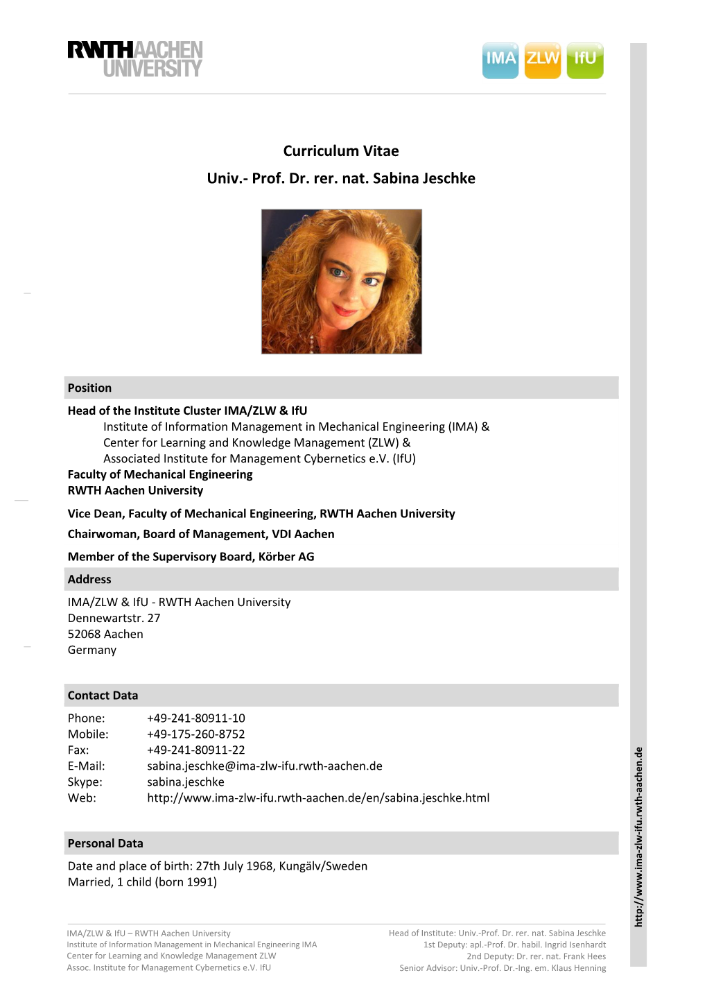 Curriculum Vitae Univ.- Prof. Dr. Rer. Nat. Sabina Jeschke