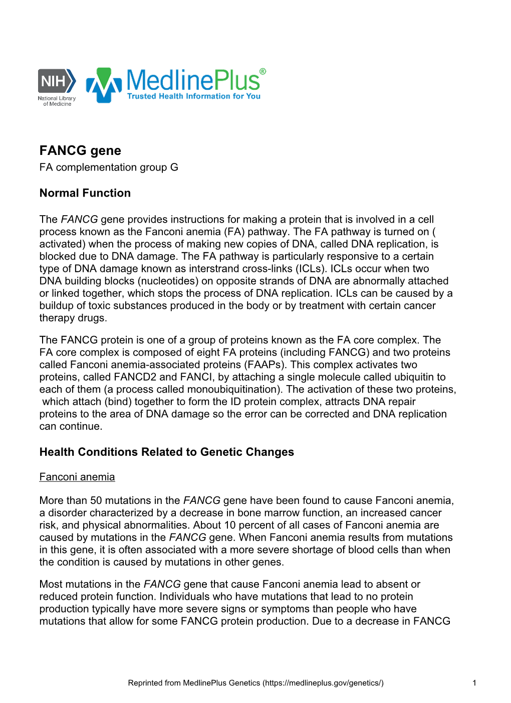 FANCG Gene FA Complementation Group G