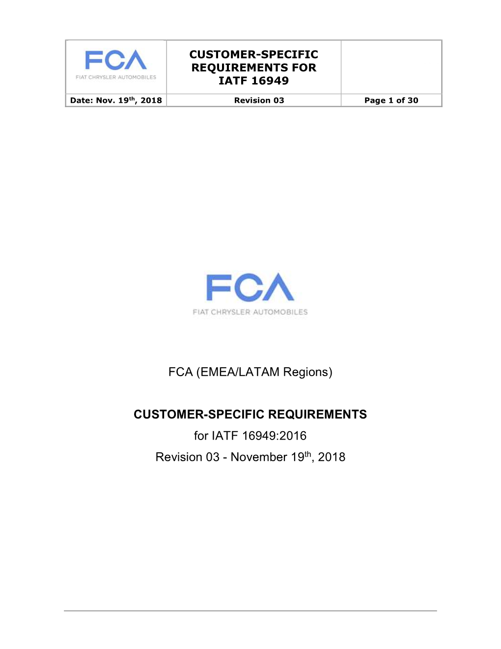 FCA Italy S.P.A Customer Specific Requirements for IATF 16949:2016