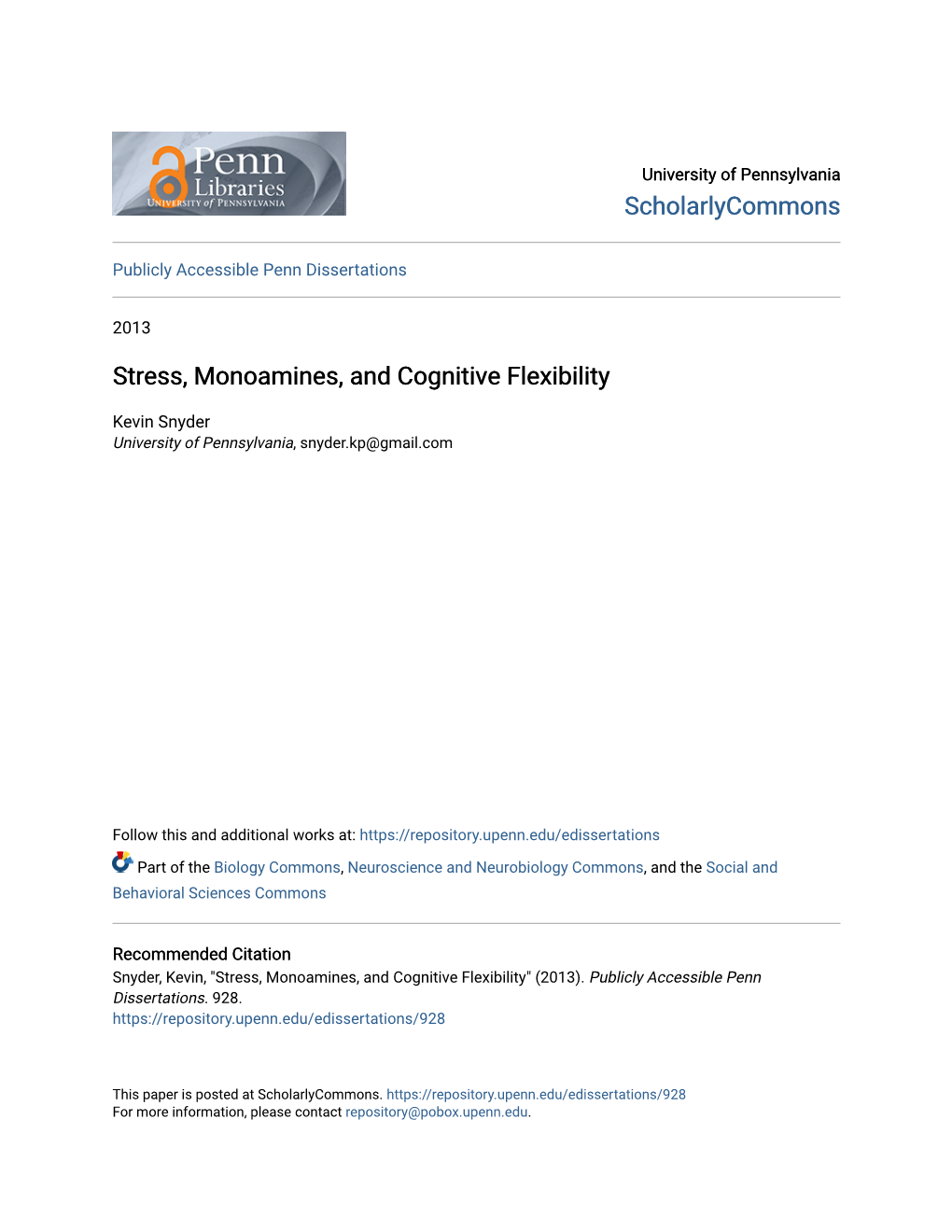 Stress, Monoamines, and Cognitive Flexibility