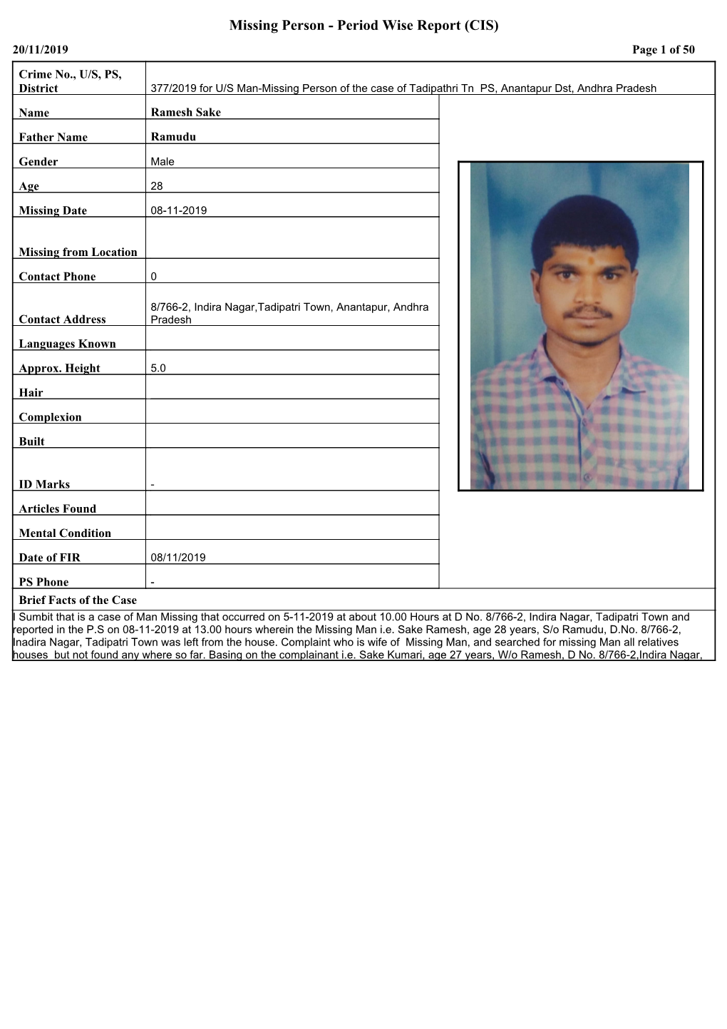 Missing Person - Period Wise Report (CIS) 20/11/2019 Page 1 of 50