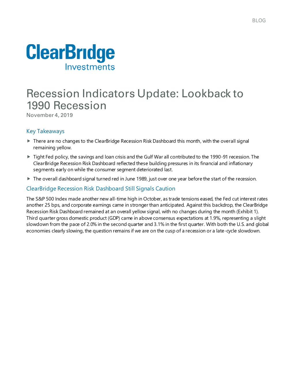 Lookback to 1990 Recession November 4, 2019