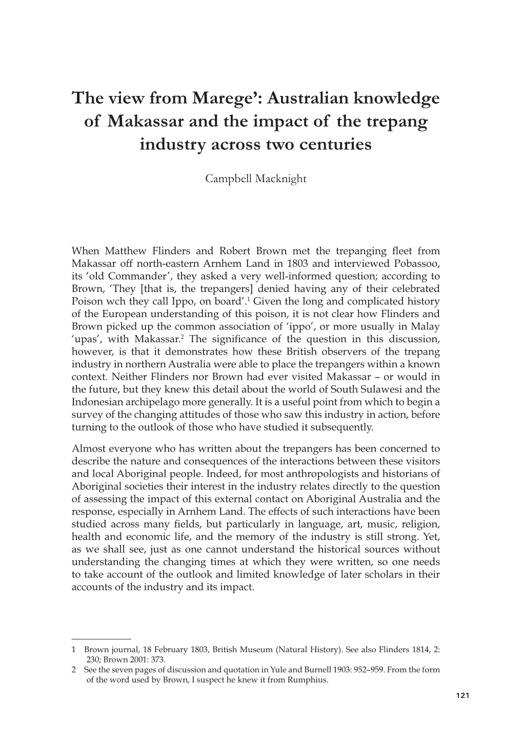 Australian Knowledge of Makassar and the Impact of the Trepang Industry Across Two Centuries