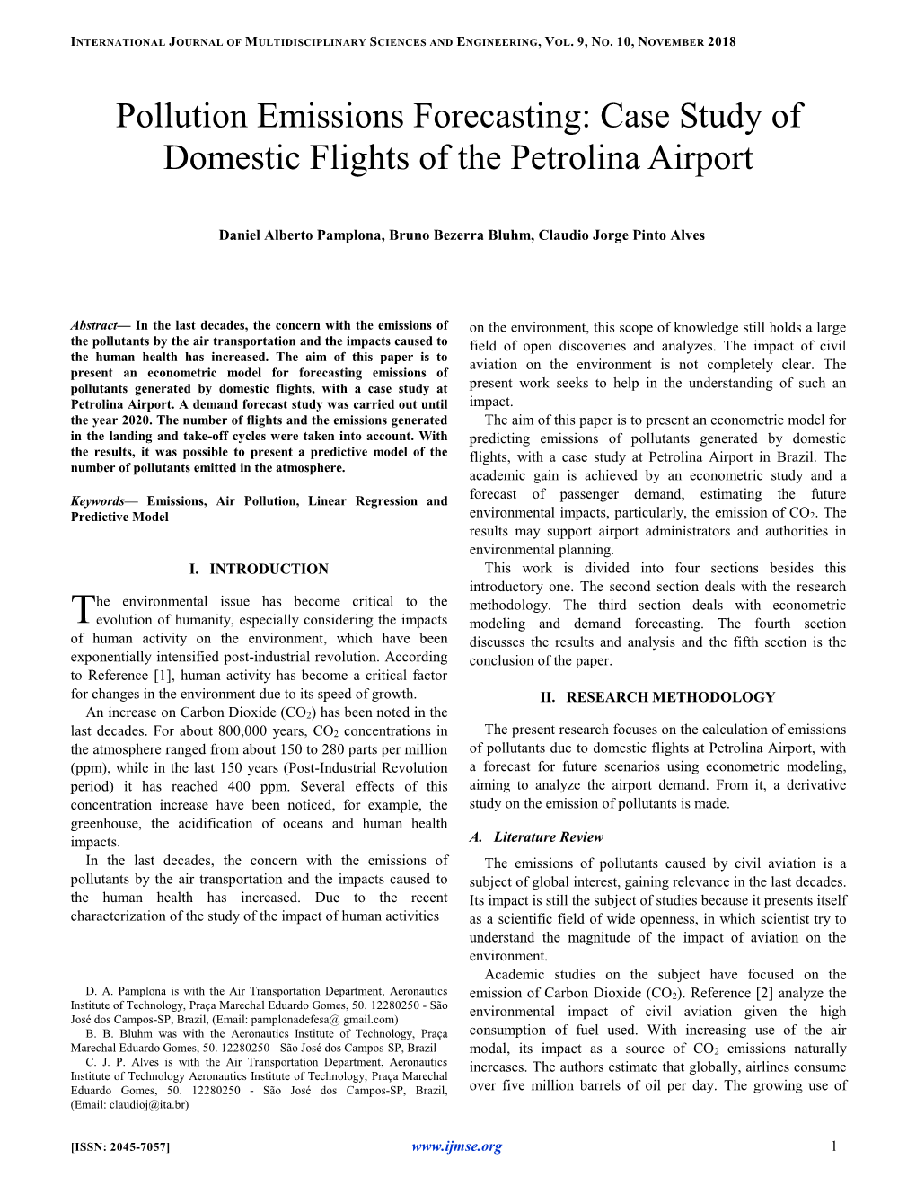 Pollution Emissions Forecasting: Case Study of Domestic Flights of the Petrolina Airport