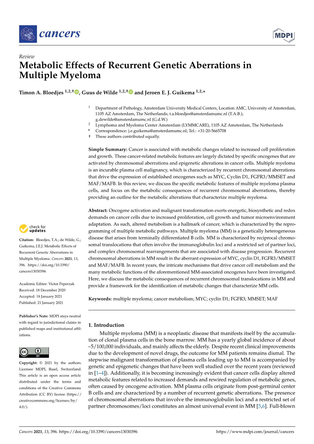 Metabolic Effects of Recurrent Genetic Aberrations in Multiple Myeloma