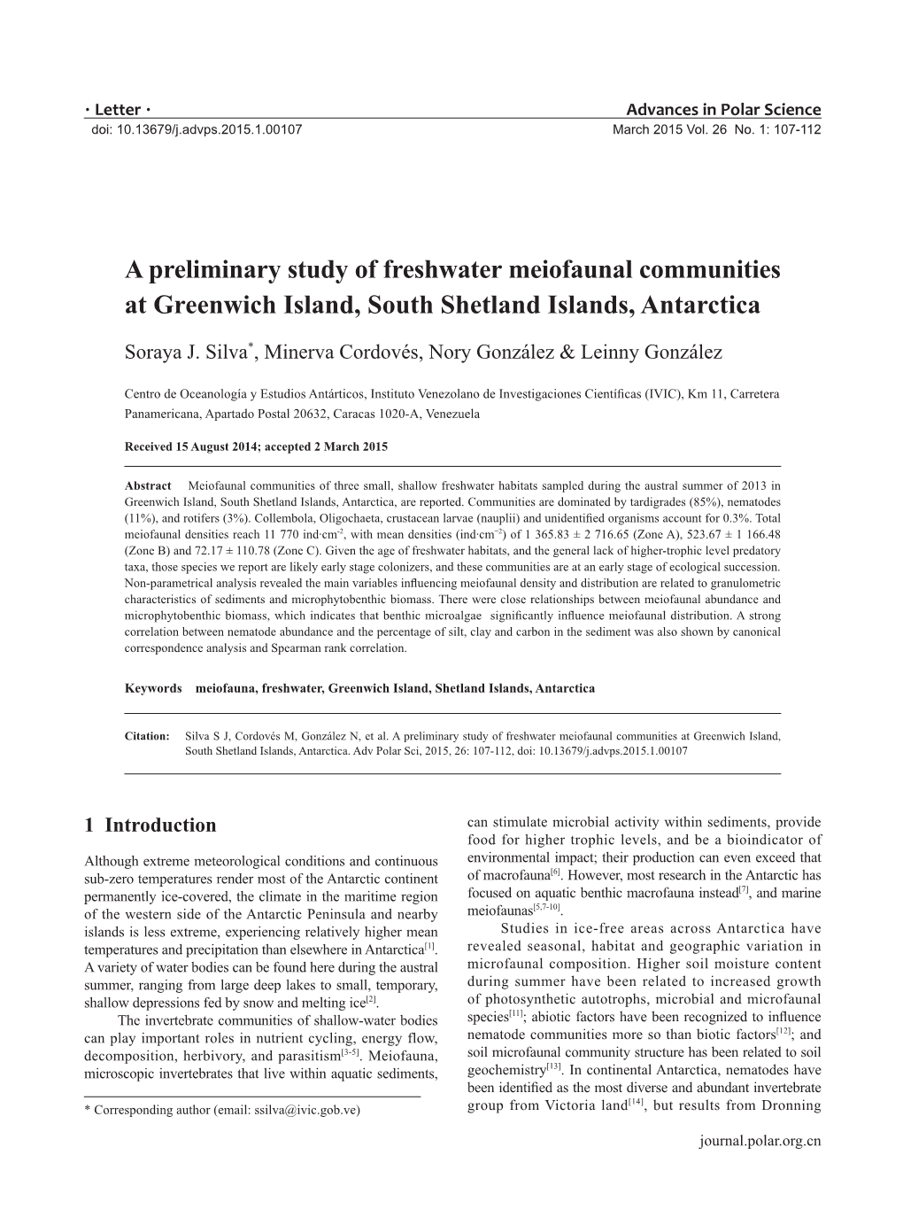 A Preliminary Study of Freshwater Meiofaunal Communities at Greenwich Island, South Shetland Islands, Antarctica