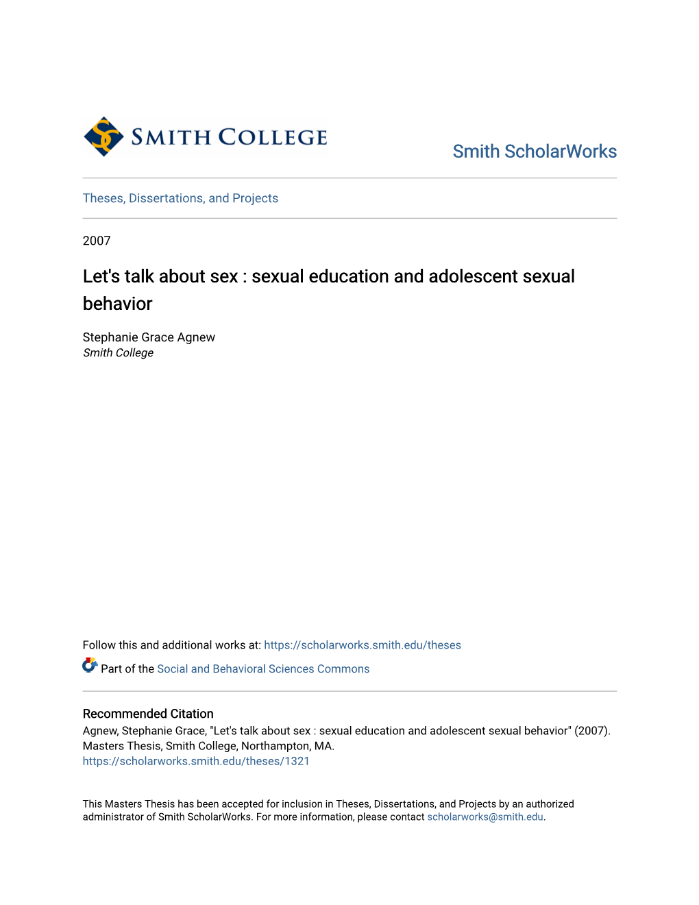 Let's Talk About Sex : Sexual Education and Adolescent Sexual Behavior