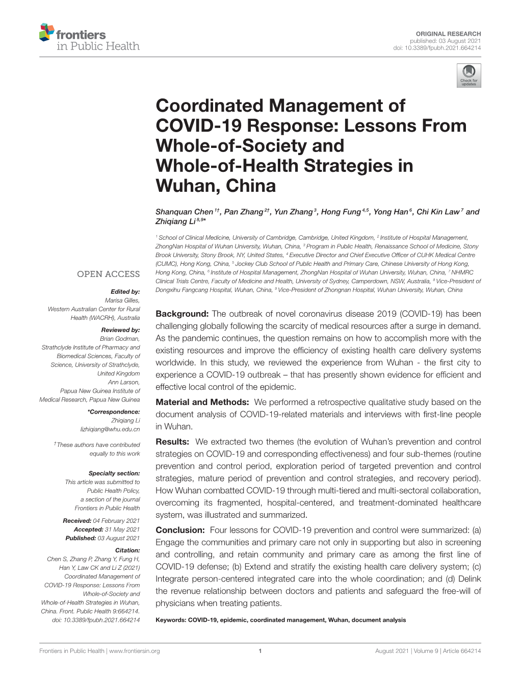 Coordinated Management of COVID-19 Response: Lessons from Whole-Of-Society and Whole-Of-Health Strategies in Wuhan, China