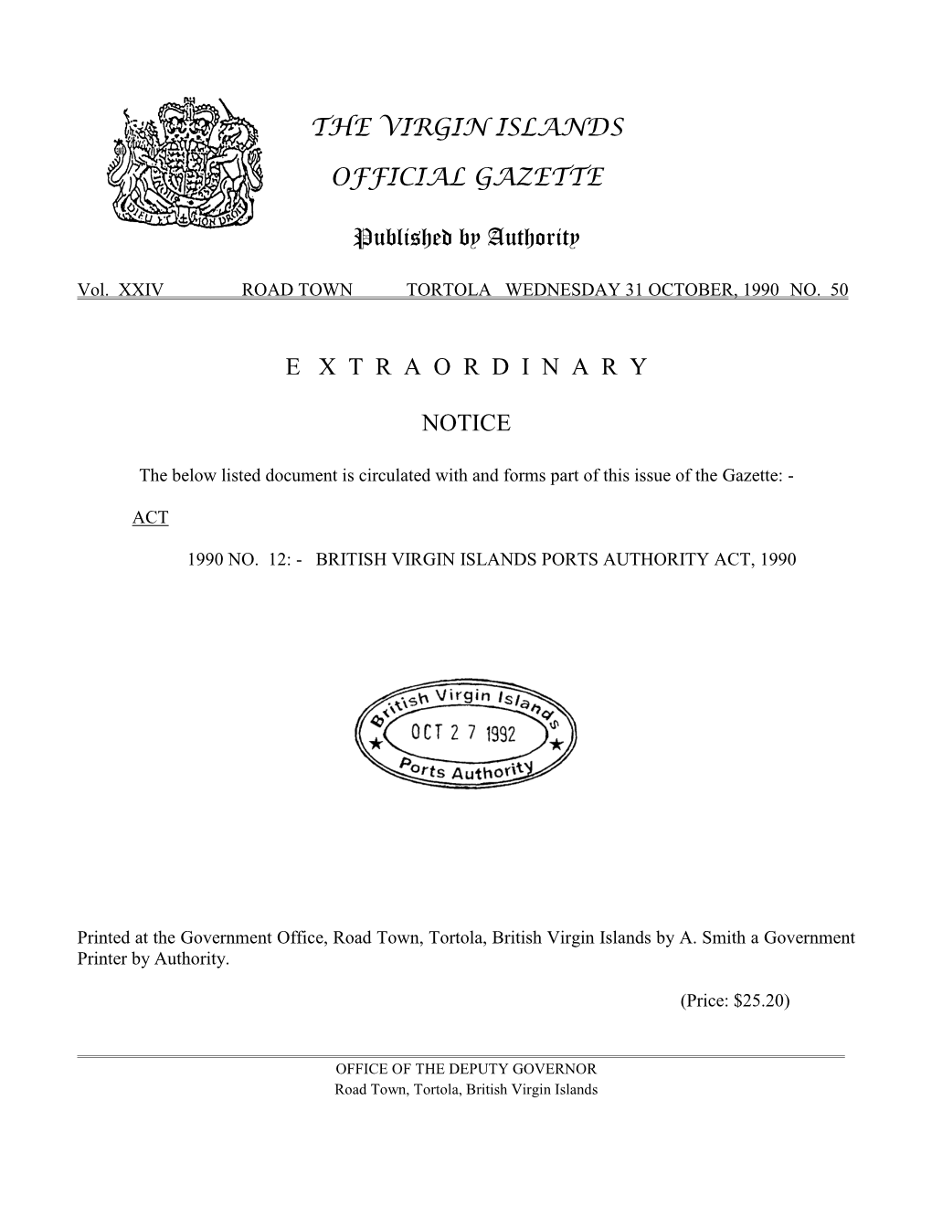 THE VIRGIN ISLANDS OFFICIAL GAZETTE Published by Authority