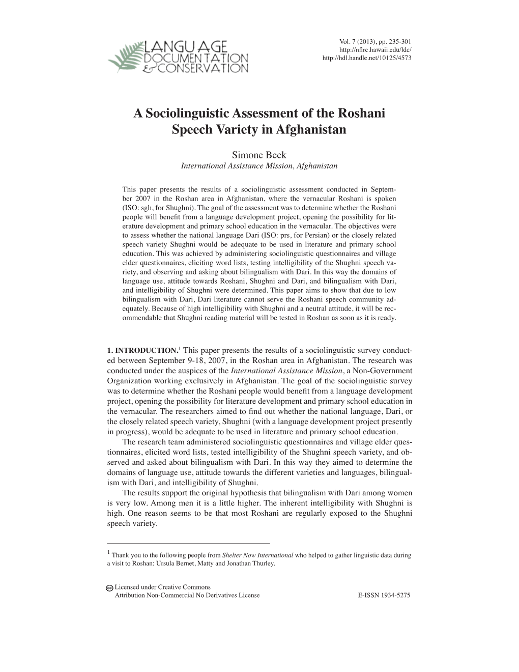 A Sociolinguistic Assessment of the Roshani Speech Variety in Afghanistan
