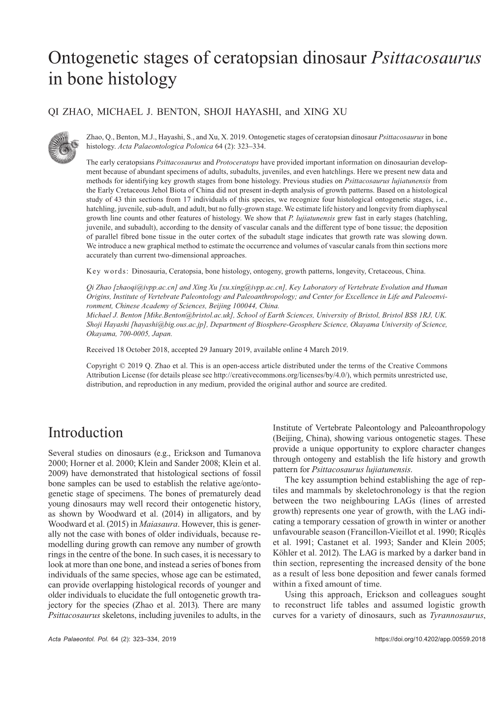 Ontogenetic Stages of Ceratopsian Dinosaur Psittacosaurus in Bone Histology