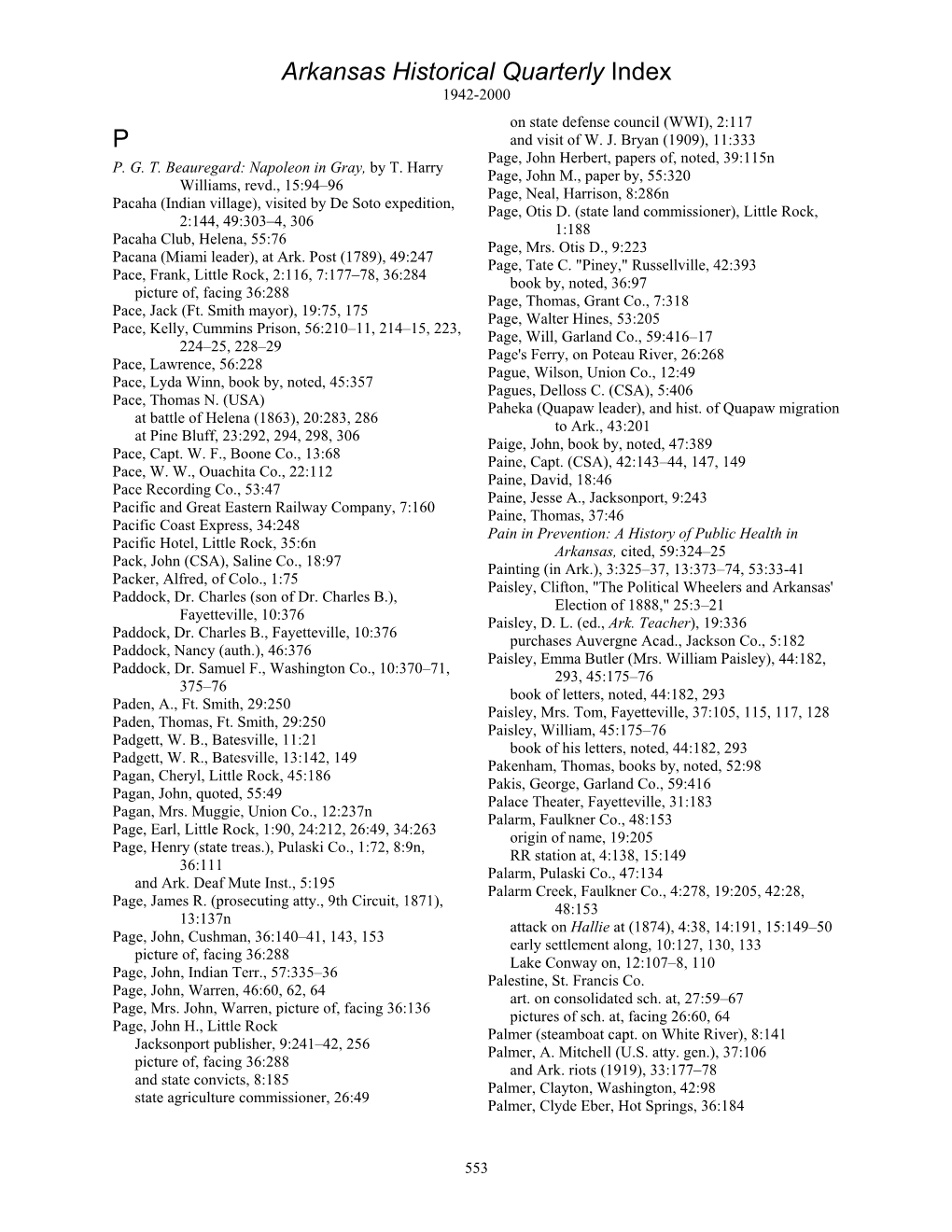 Arkansas Historical Quarterly Index P