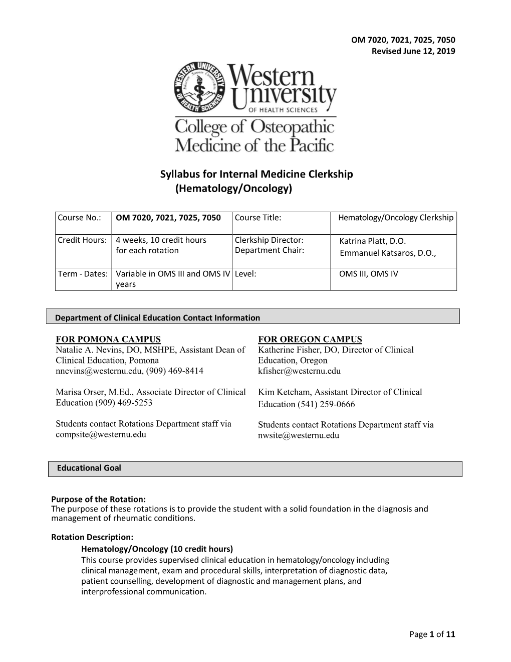 Syllabus for Internal Medicine Clerkship (Hematology/Oncology)