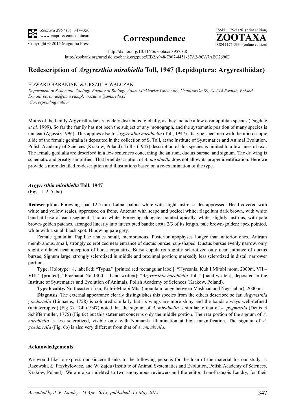 Redescription of Argyresthia Mirabiella Toll, 1947 (Lepidoptera: Argyresthiidae)