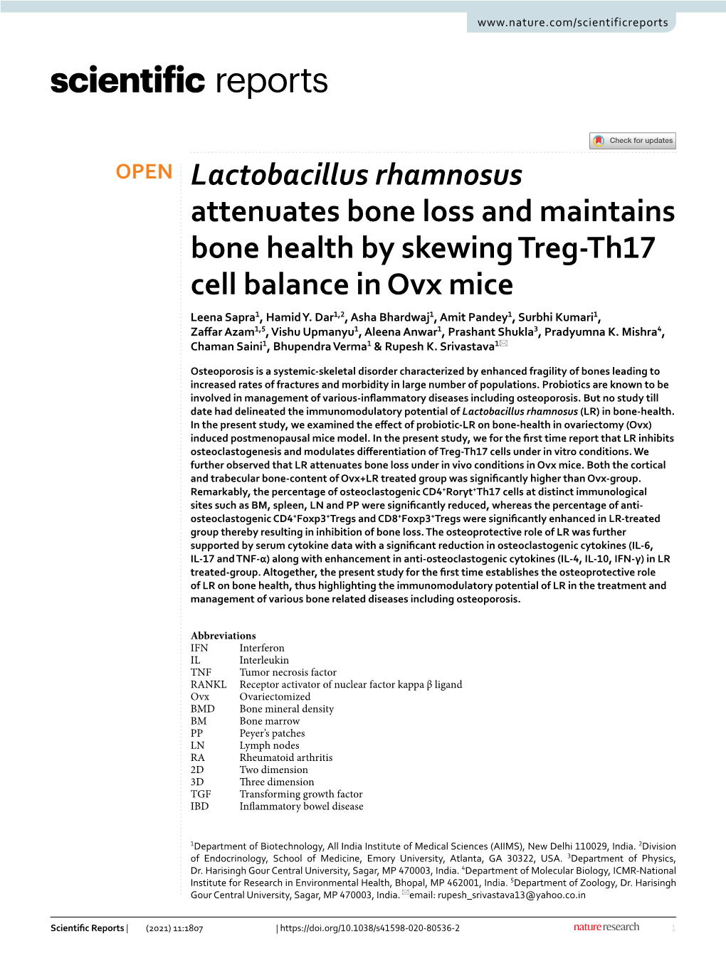Lactobacillus Rhamnosus Attenuates Bone Loss and Maintains Bone Health by Skewing Treg‑Th17 Cell Balance in Ovx Mice Leena Sapra1, Hamid Y
