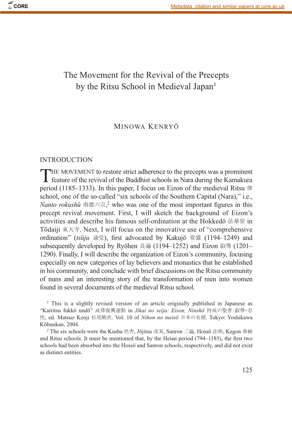 The Movement for the Revival of the Precepts by the Ritsu School in Medieval Japan1