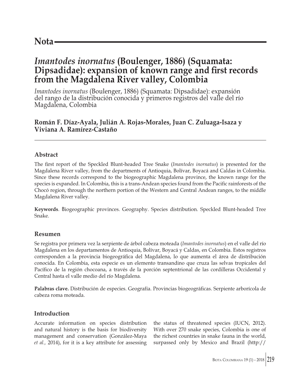 Imantodes Inornatus (Boulenger, 1886) (Squamata: Dipsadidae): Expansion of Known Range and First Records from the Magdalena River Valley, Colombia