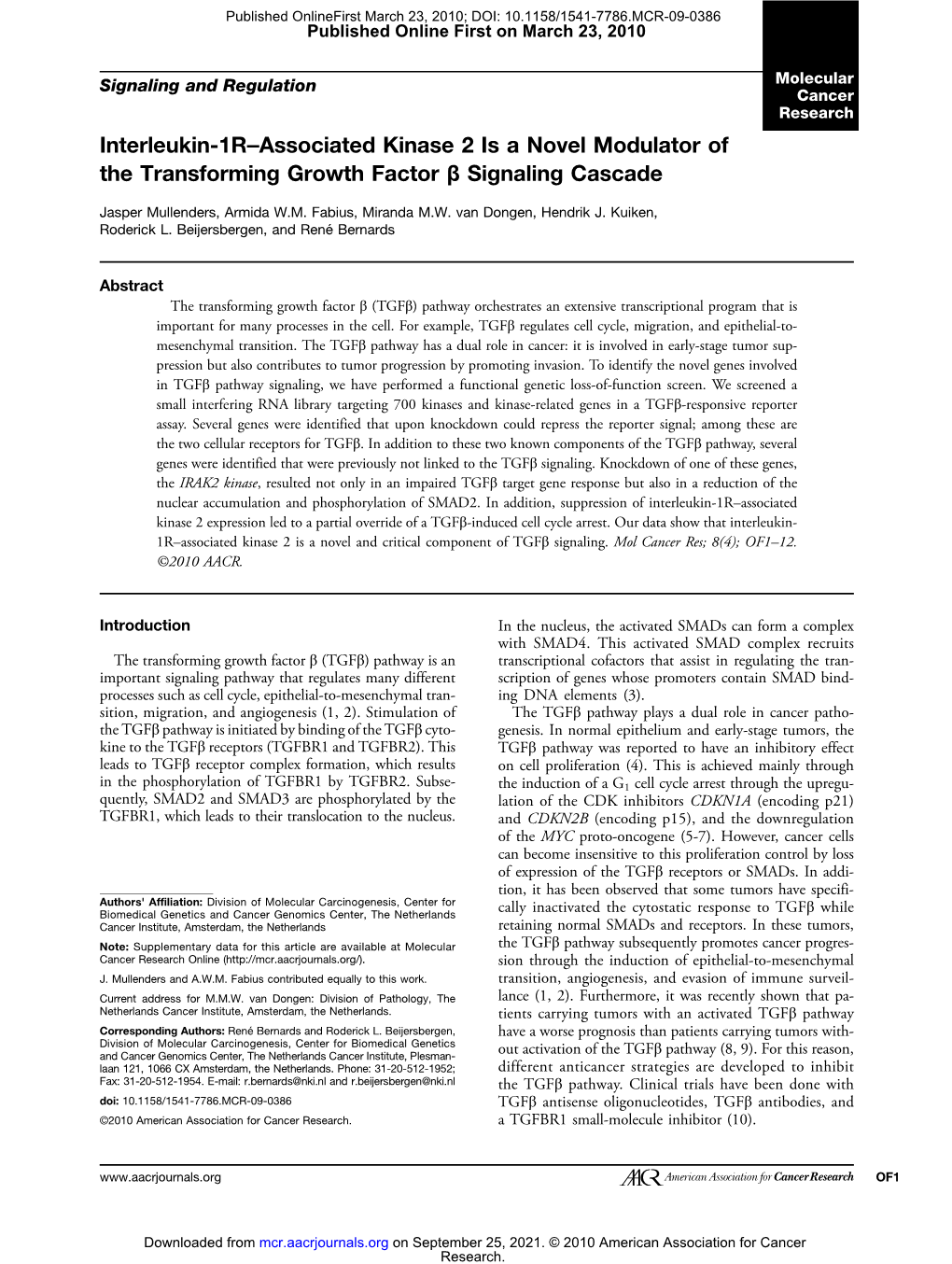 Interleukin-1R–Associated Kinase 2 Is a Novel Modulator of the Transforming Growth Factor Β Signaling Cascade