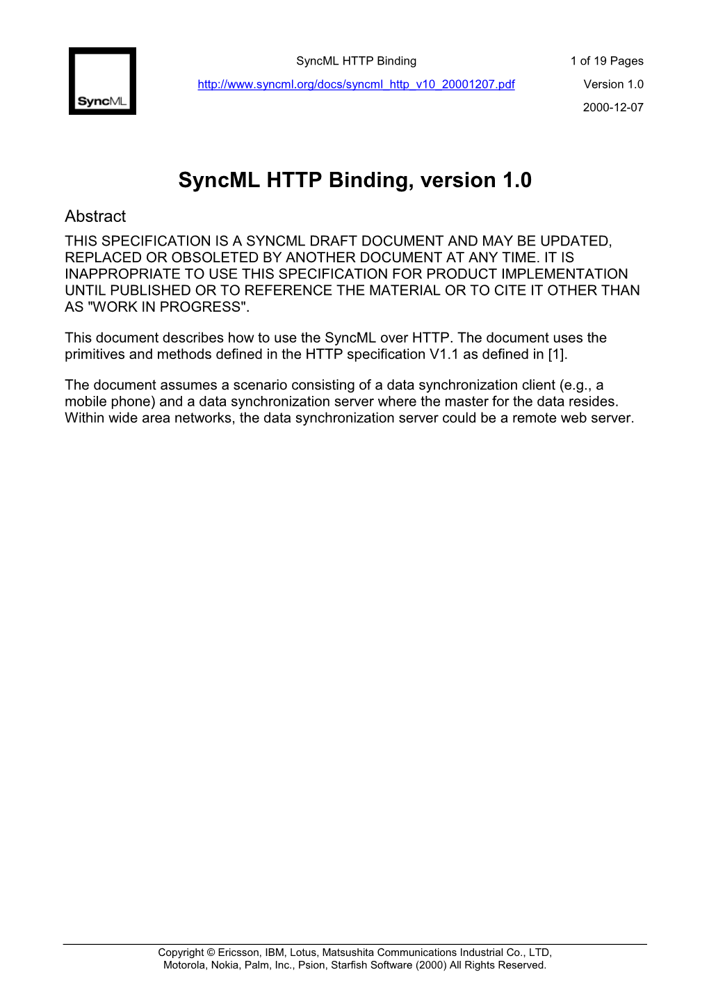 Syncml HTTP Binding 1 of 19 Pages Version 1.0 2000-12-07