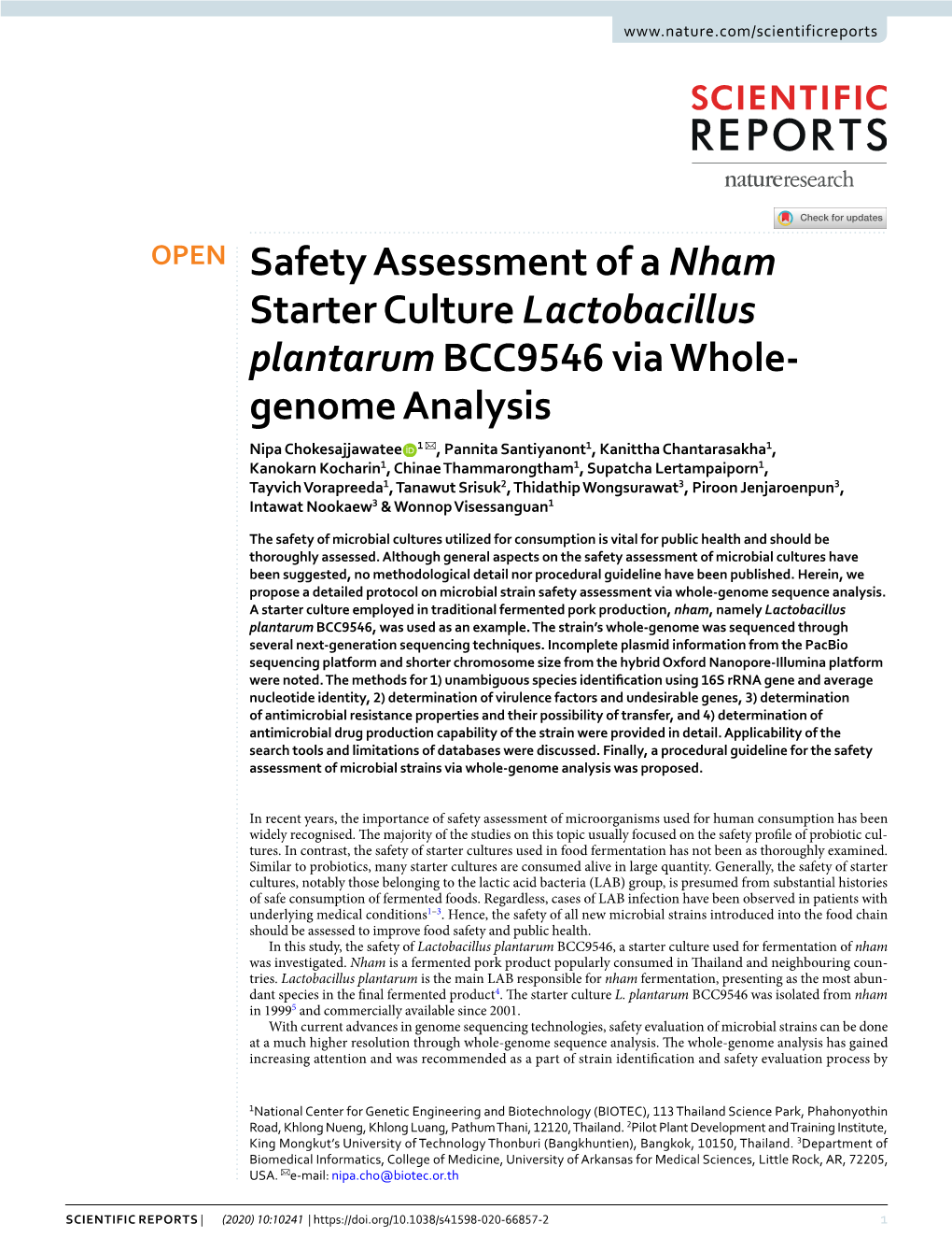 Safety Assessment of a Nham Starter Culture Lactobacillus Plantarum BCC9546 Via Whole-Genome Analysis