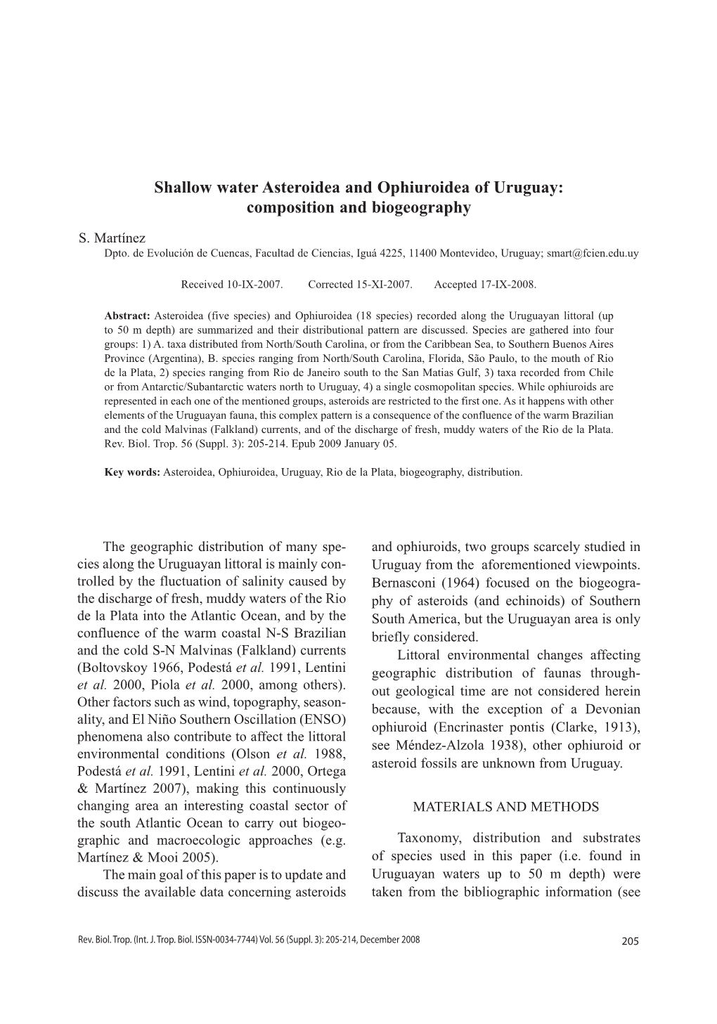 Shallow Water Asteroidea and Ophiuroidea of Uruguay: Composition and Biogeography