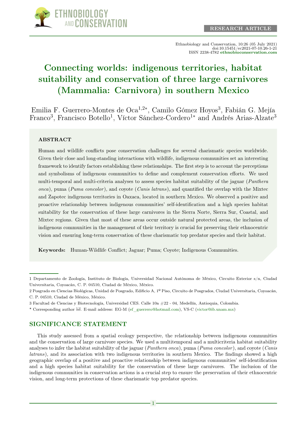 Indigenous Territories, Habitat Suitability and Conservation of Three Large Carnivores (Mammalia: Carnivora) in Southern Mexico