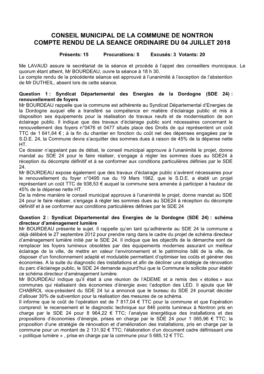 Conseil Municipal De La Commune De Nontron Compte Rendu De La Seance Ordinaire Du 04 Juillet 2018