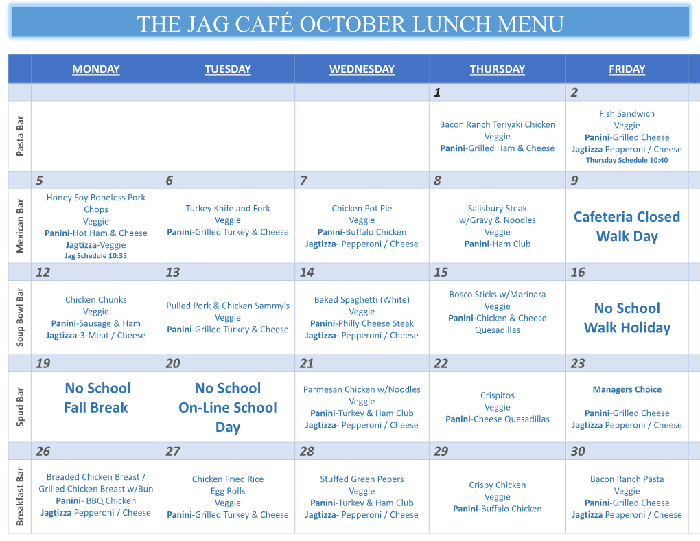 The Jag Café October Lunch Menu