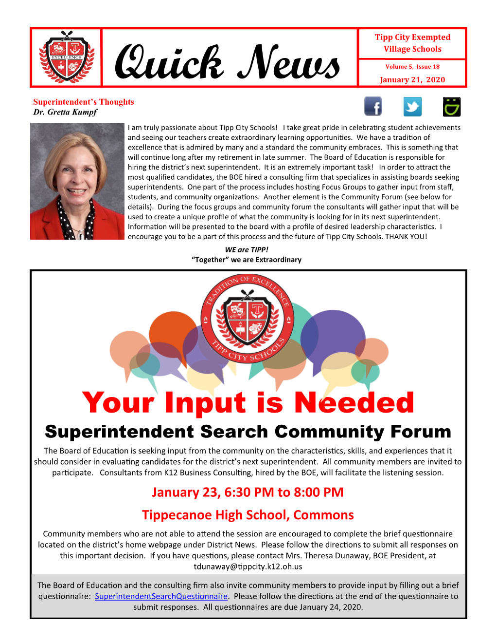 Quick News January 21, 2020 Superintendent’S Thoughts Dr