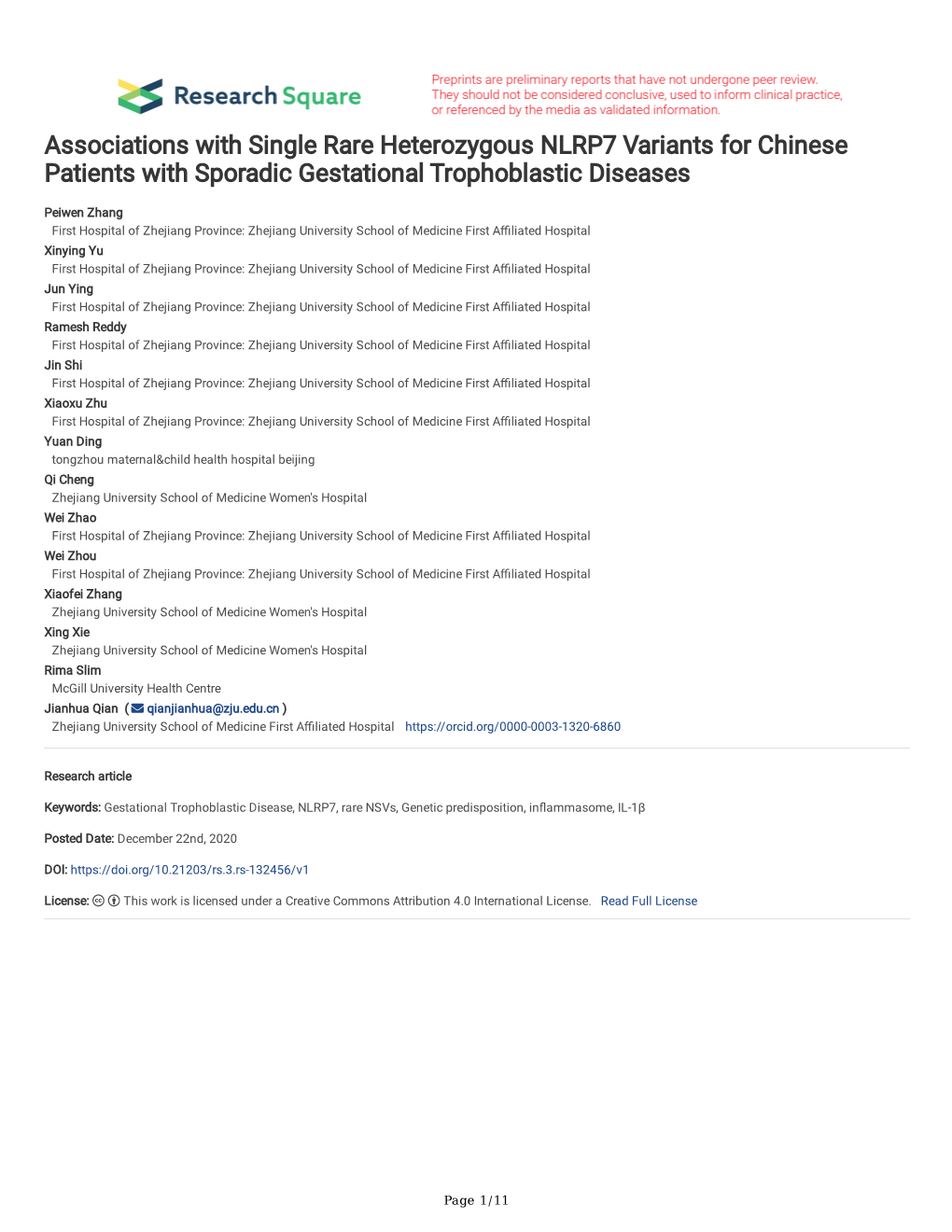 Associations with Single Rare Heterozygous NLRP7 Variants for Chinese Patients with Sporadic Gestational Trophoblastic Diseases