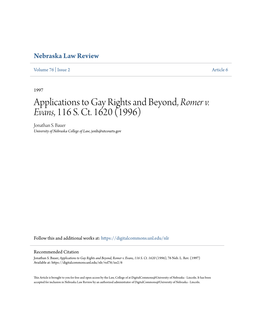 Applications to Gay Rights and Beyond, Romer V. Evans, 116 S. Ct