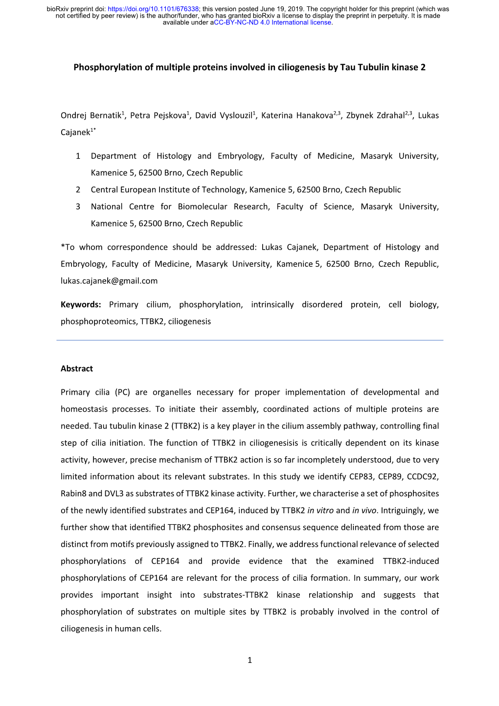 Phosphorylation of Multiple Proteins Involved in Ciliogenesis by Tau Tubulin Kinase 2