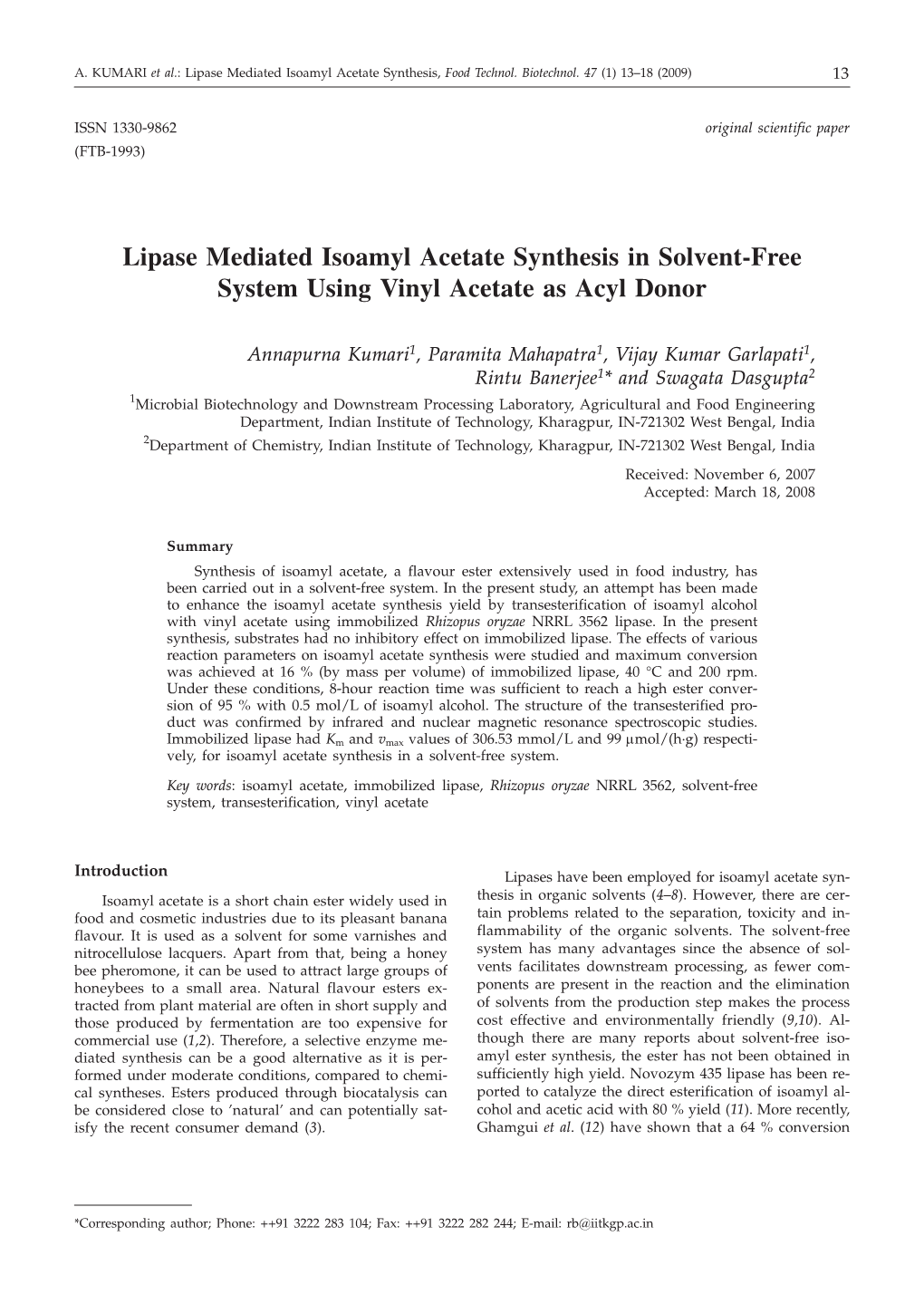 Lipase Mediated Isoamyl Acetate Synthesis in Solvent-Free System Using Vinyl Acetate As Acyl Donor